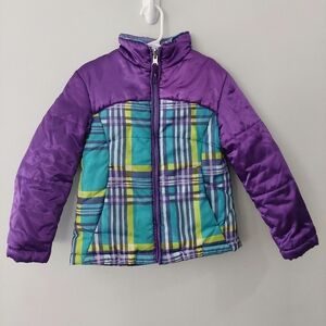 Mountain Xpedition Girl's Puffer Coat Size 4/5 Purple Blue Plaid Zipper Pockets